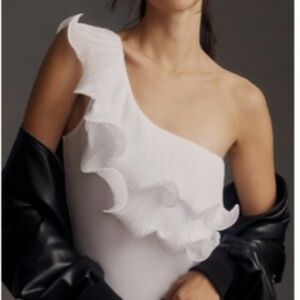 NWT Anthropologie White Ruffle One-Shoulder Bodysuit